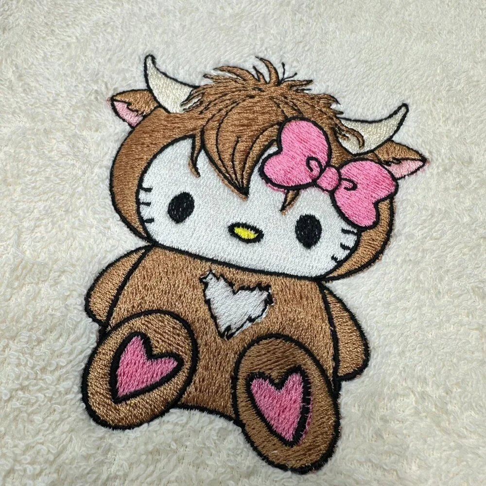 Hello Kitty Highland Cow Towels Embroidered Hand Towel Set Pink Beige Bathroom